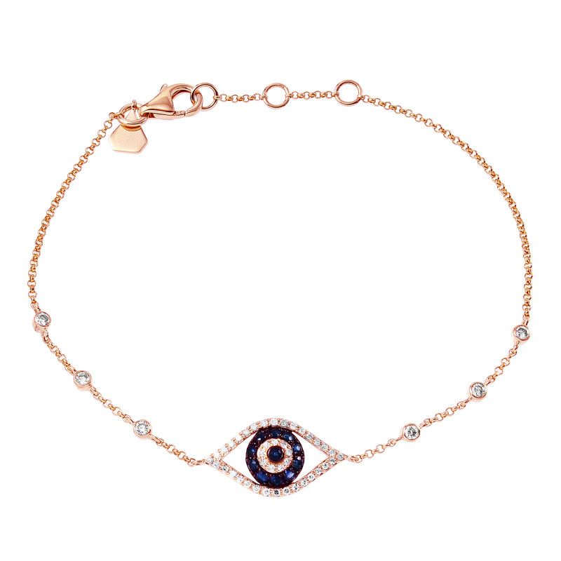 Blue Sapphire and Diamond Evil Eye Bracelet in 14K Rose Gold