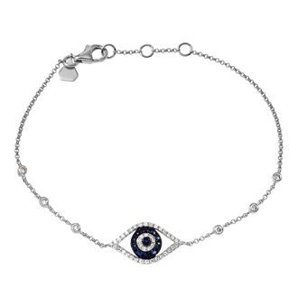 Blue Sapphire and Diamond Evil Eye Bracelet in 14K White Gold