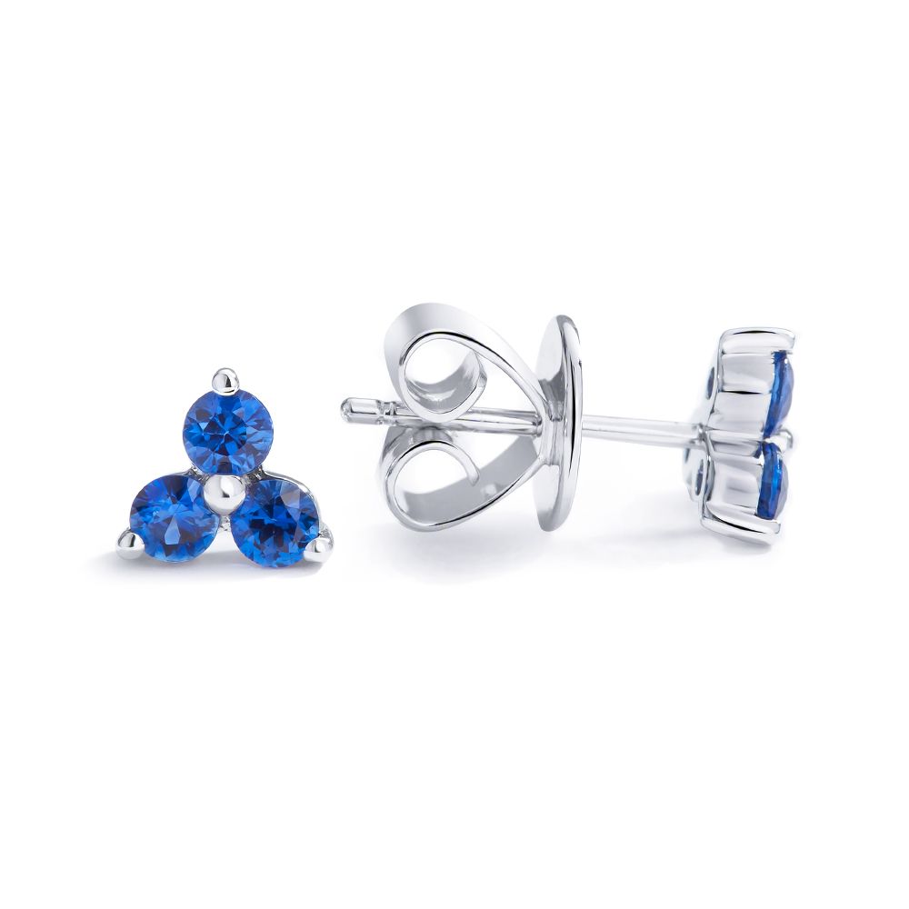 Three Stone Sapphire Stud Earrings in 18K White Gold (5.9 mm)