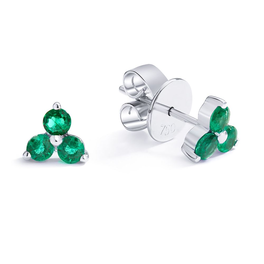 Three Stone Gemstone Stud Earrings in 18K White Gold (5.9 mm)