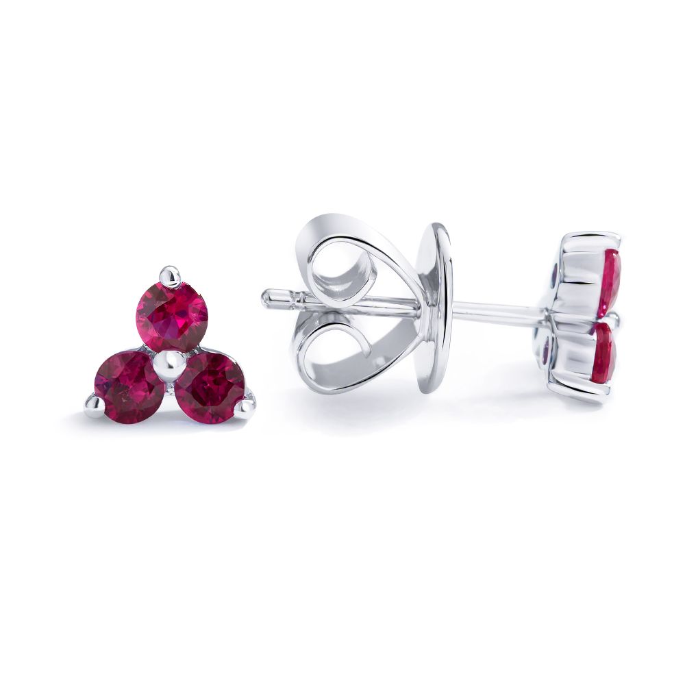 Three Stone Ruby Stud Earrings in 18K White Gold (5.9 mm)