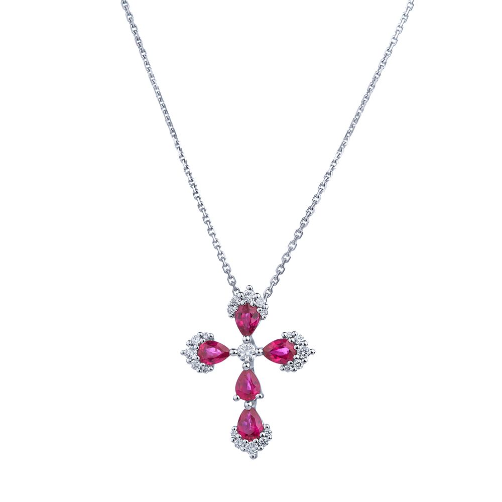 Ruby and Diamond Cross Pendant in 18K White Gold