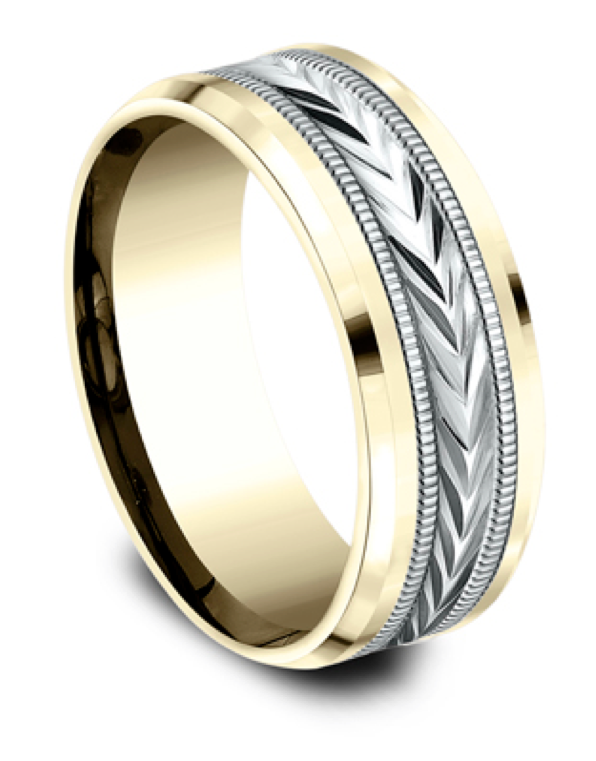 Men's Comfort-Fit Diamond-Cut Two Tone Wedding Band with Milgrain in 14k Yellow and White Gold (8mm)