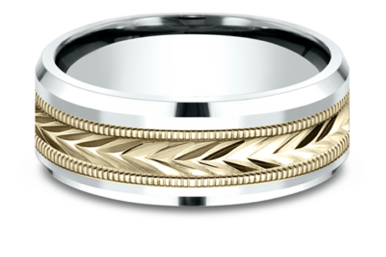 Men's Comfort-Fit Diamond-Cut Two Tone Wedding Band with Milgrain in 14k Yellow and White Gold (8mm)