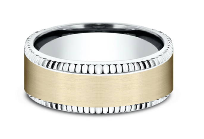Men's Comfort-Fit Beveled Edge Two-Tone Wedding Band in 14K Yellow and White Gold (8mm)