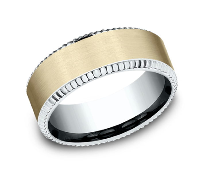 Men's Comfort-Fit Beveled Edge Two-Tone Wedding Band in 14K Yellow and White Gold (8mm)