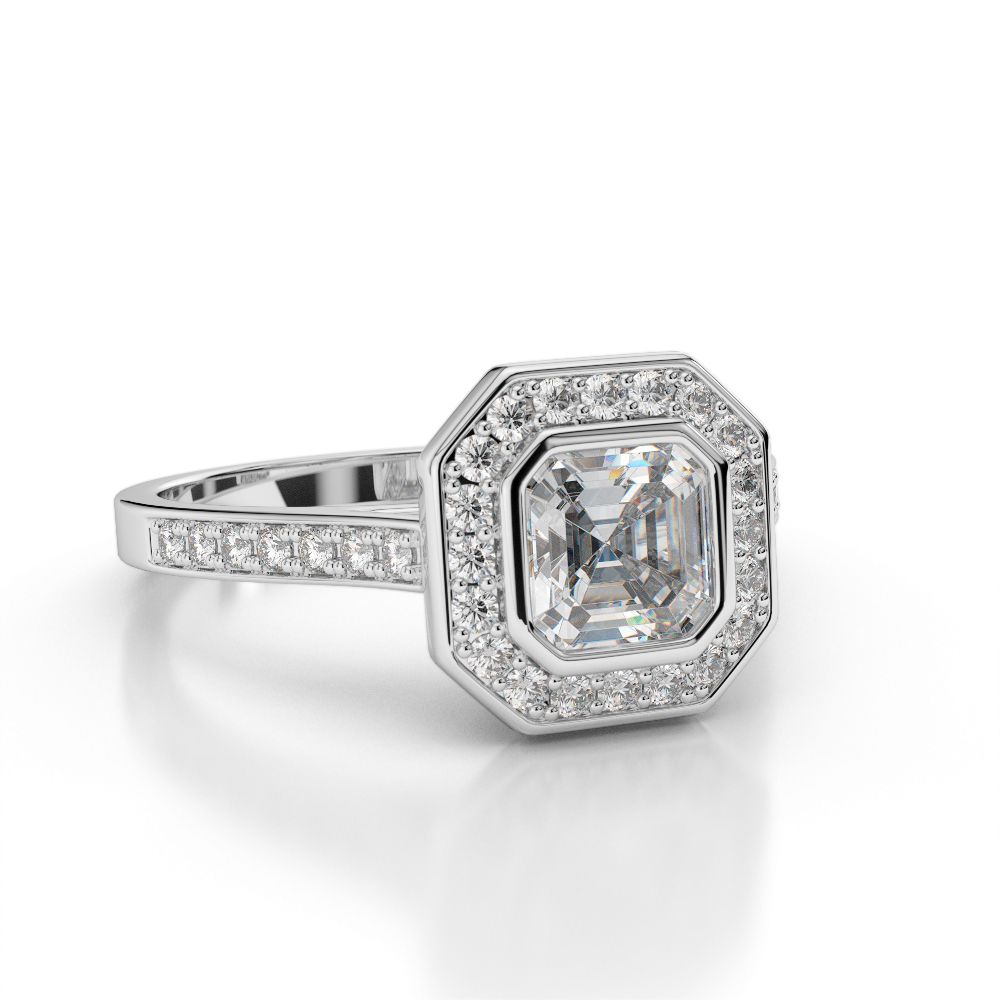 Asscher Cut Diamond Halo Engagement Ring With Side Stones