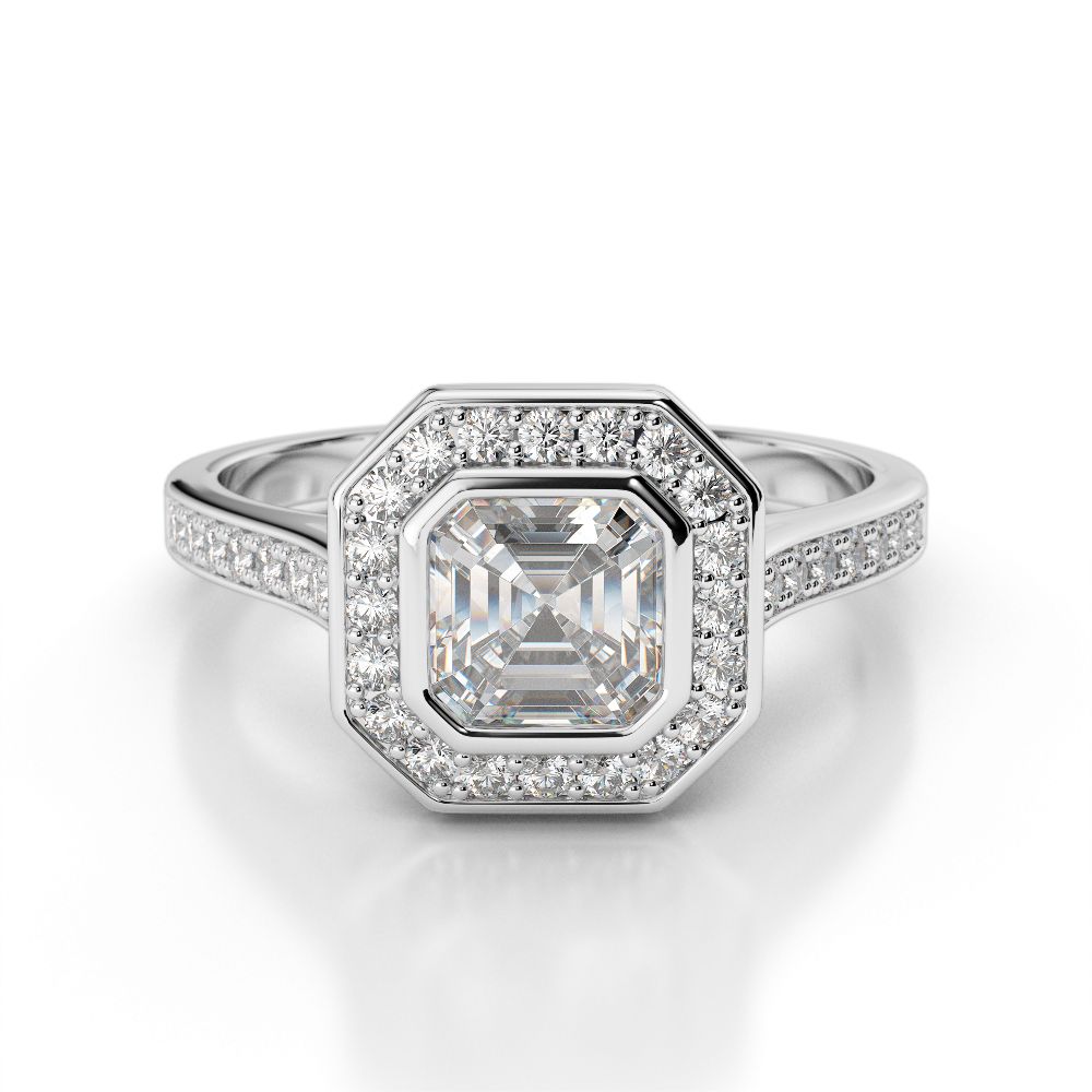 Asscher Cut Diamond Halo Engagement Ring With Side Stones