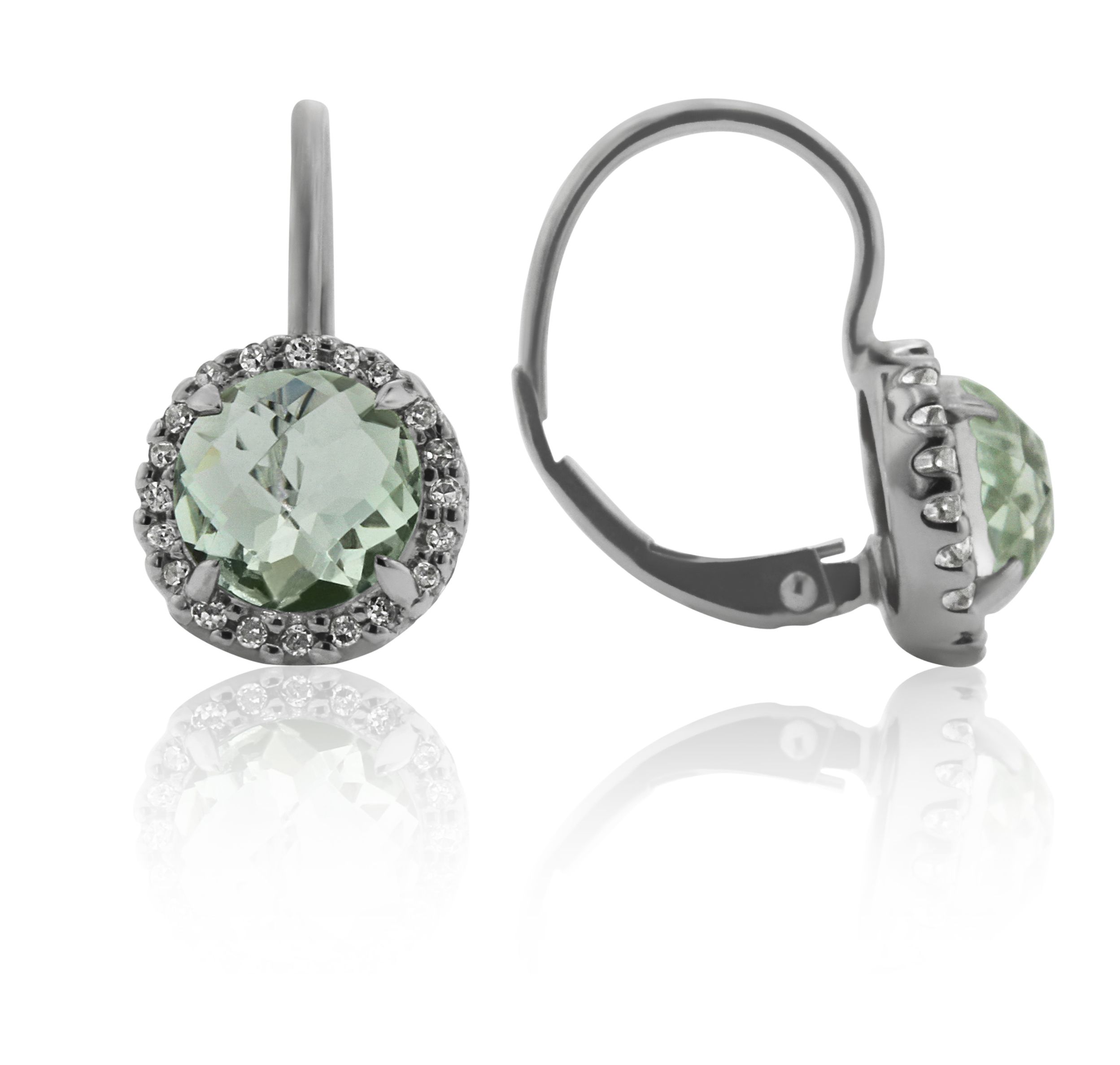Green Amethyst and Diamond Halo Drop Earrings in 14K White Gold (7mm)
