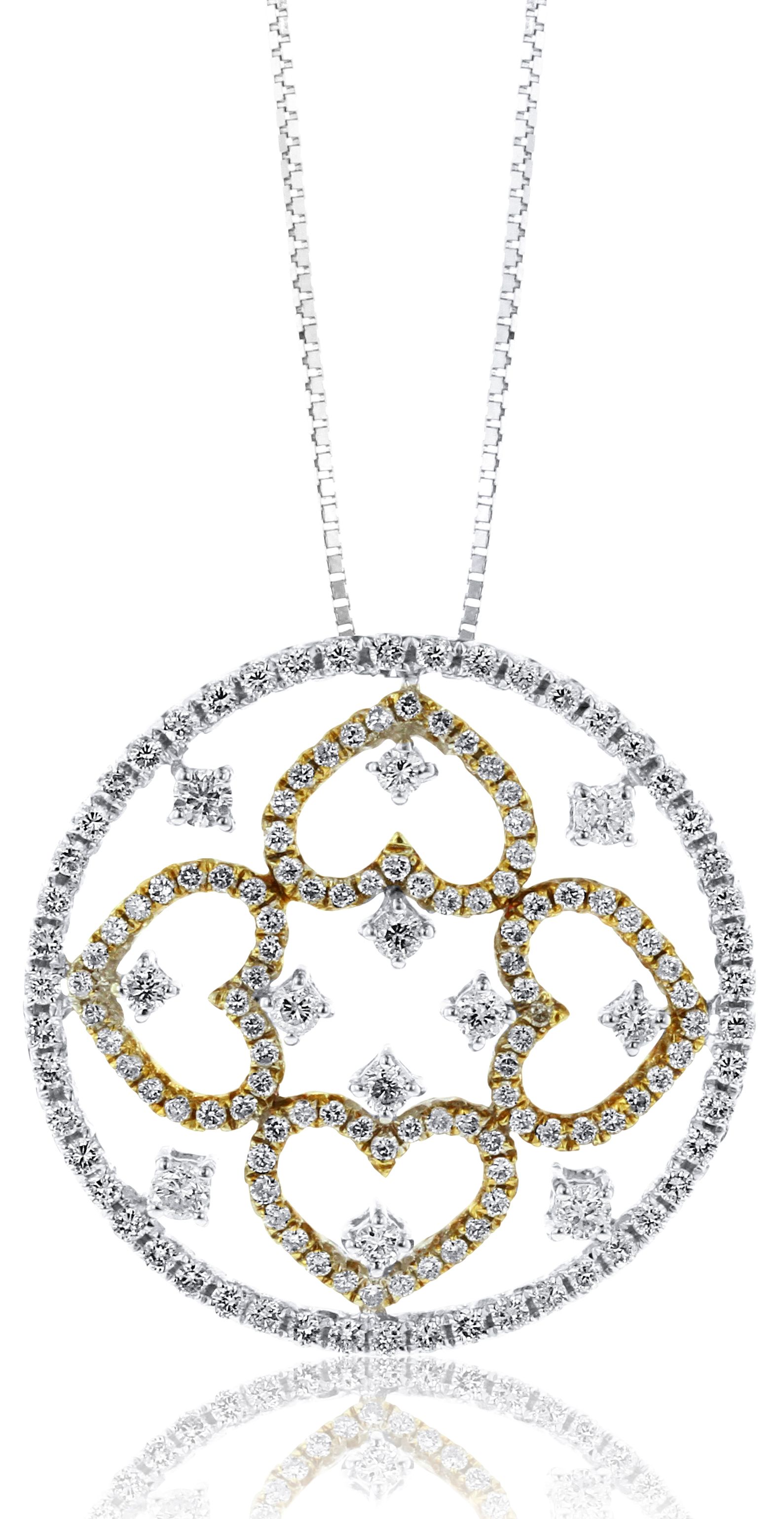 Diamond Hearts in Diamond Circle Pendant in 18K White and Yellow Gold (1.48ct)