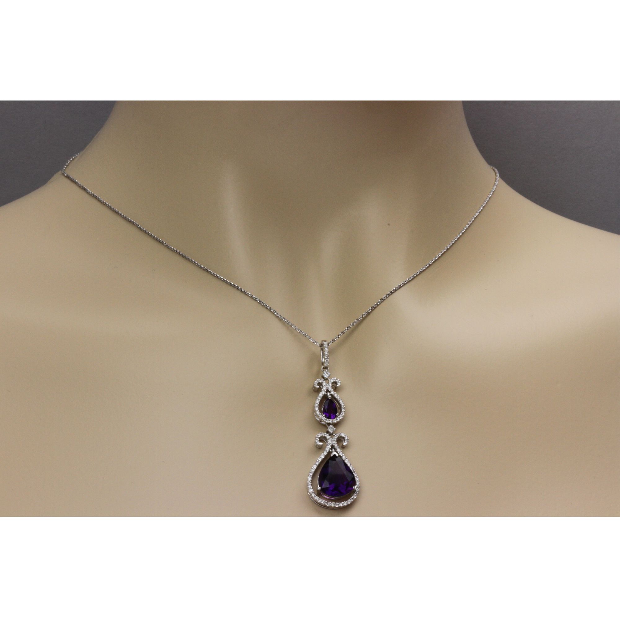 Double Amethyst and Diamond Drop Necklace in 14K White Gold (47.62mm)