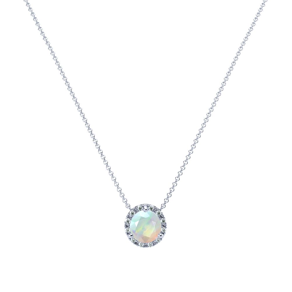 Opal and Diamond Halo Necklace in 14k Gold (8.3mm)