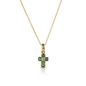 Emerald and Diamond Cross Pendant in 18K Yellow Gold (2mm)