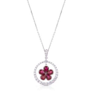 Floating Ruby Flower and Diamond Halo Pendant in 18K White Gold (0.50ct)